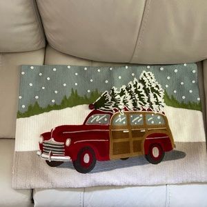 ****SOLD***** Barn Christmas Woody Car Crewel Pillow Cover